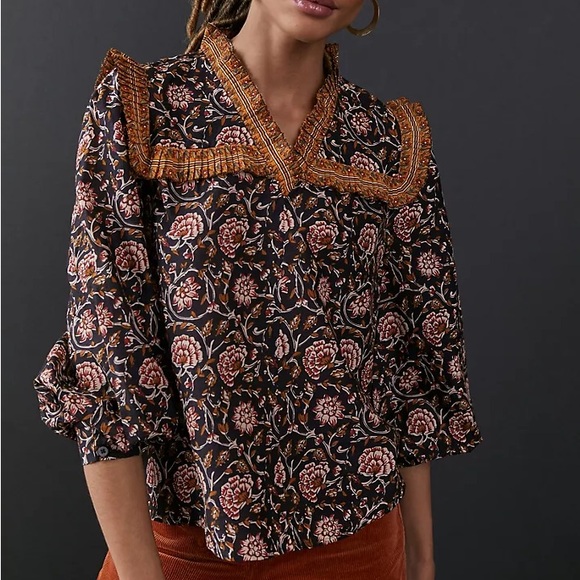 Anthropologie Tops - Anthropologie Othilia Sera Black Printed Ruffled Blouse